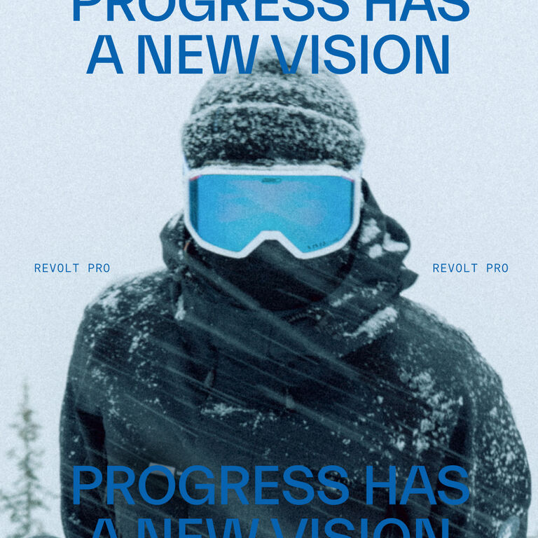 Snowboarder with revolt pro goggles. Blue text reads "Progress Has a New Vision" and "Revolt Pro" is on either side of boarder